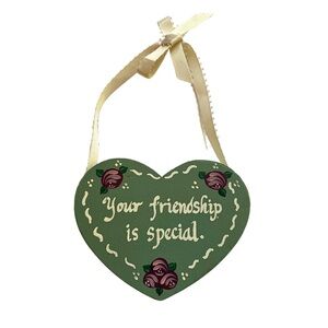 Vintage Cottagecore Hand-Painted Heart Sign Friendship Quote Floral Ribbon Decor